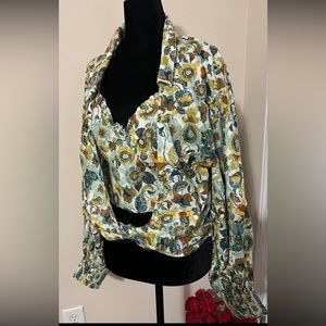 Anthropologie Twist CropTop Set Sz 1X Green Motif Bell Sleeve Elastic Cuffs